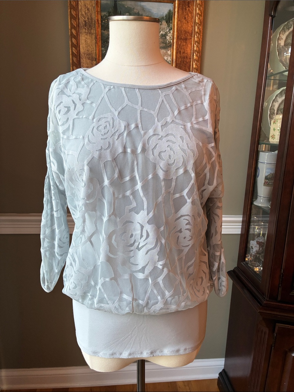 Frank Lyman Design Light Blue Gray Floral Overlay Long Sleeve Blouse Size 6